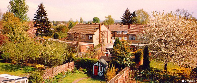 Photo taken with panoramic camera of view over suburban gardens.